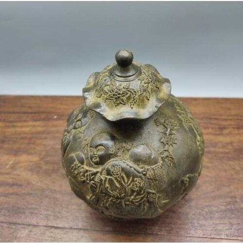 Exquisite Chinese Old Bronze Hand-Carved Handicraft Seven sons children lid pot Statue Storage food seal up jar