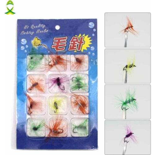 JSM 12pcs/set colorful dry Fly fishing hook insect bait with feather fly fishing lure