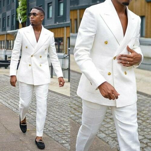 2 Piece Handsome Mens Formal White Linen Suits 2020 Groom Wear Double Breasted Party Wedding Peaked Lapel Tuxedos(Jacket+Pants)