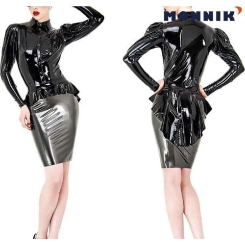 MONNIK latexCool 100% Latex Rubber Women Tuxedo Shirt Mini Hip Skirt Set Suit