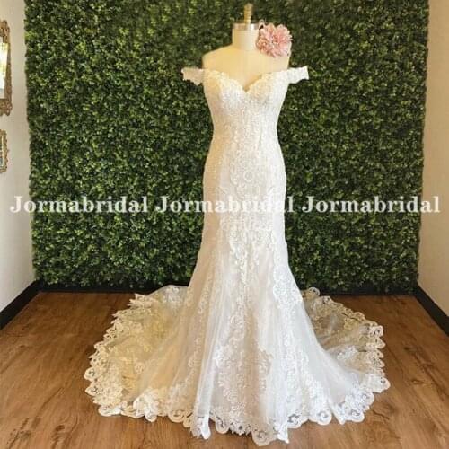 Off The Shoulder Lace Wedding Dresses Mermaid Style Appliques Boho Bridal Dress Transparent Bottons Back Wedding Gowns Customize