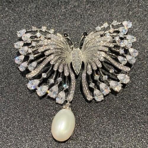 Copper with cubic zircon butterfly brooch natural fresh water pearl fashion women jewelry free shipping