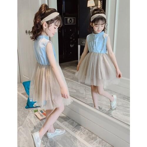 New girls summer dress large childrens sleeveless denim stitching vest skirt fashion pettiskirt girl princess dress skirt