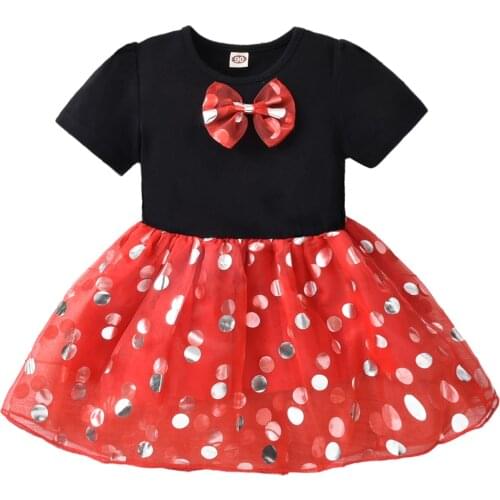 1-6 Years Baby Girl Clothes Girls Casual Short Sleeve Dress Fashion Bow Dot Mesh Yarn Stitching A-line Mid-length Dress