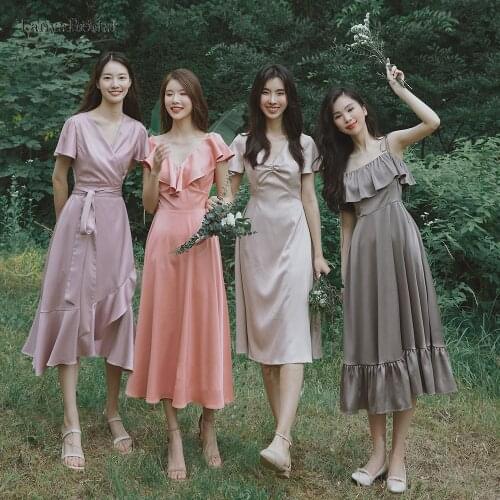 V-Neck Ruffles Bridesmaid Dresses Silk Satin Tea Length Wedding Maid Of Honor Gowns 4 Styles Brides Maid DB042