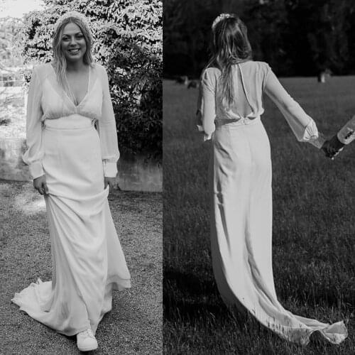 A Line Chiffon V-Neck Long Sleeves Bridal Gown 2021 Plus Size Custom Made Simple Beach Elegant Split Back Illusion Wedding Dress