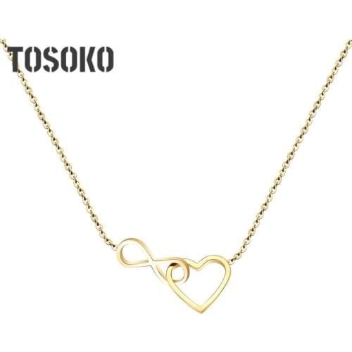 TOSOKO Lucky 8 Hollow Heart-Shaped Clavicle Chain Necklace For Women Stainless Steel Stainless Steel Jewelry BSP018