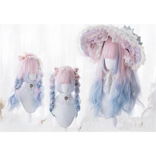 Long Curly Mixed Blue/Purple Pink Ombre Lolita girl Cute Party Halloween Cosplay women Wig D045