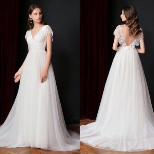 FANWEIMEI#3106 Elegant Short Sleeve A-Line Backless destination Wedding Dress beach Bride Gown plus size custom 2020 new arrive