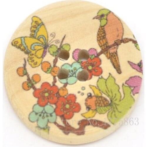 10 Pcs 30mm High Quality ! Bird Flower Print Patterns, 4 Holes Round Wooden Buttons, for Sewing, Scrapbooking Crafts 7NK57