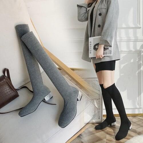 2021 New Sock Over The Knee Boots Autumn Knit Overknee Long Boot Woman Casual Slip-On Soft Tube Low Heel Fashion Shoes Female