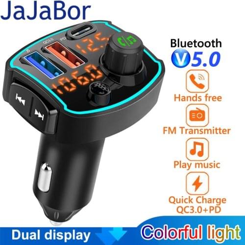 JaJaBor Bluetooth 5.0 Car Kit Hands Free Wireless FM Transmitter Car MP3 Player with PD18W QC3.0 Quick Charge Car Charger