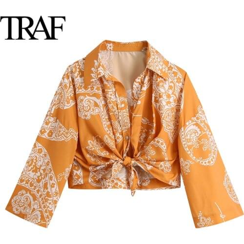 TRAF Za Women Clothing Fasion Bow Knotted Printed Blouse Vintage Shirts Chic Office Ladies Tops Mujer