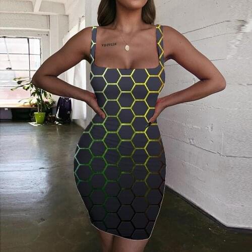 Giyu Brand Geometric Dress Women Psychedelic Bodycon Dress Vortex Vestido Sexy Honeycomb Sundress Square Ladies Dresses
