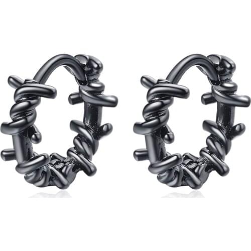 Black Geometric Small Round Korean 925 Sterling Silver Hoop Earrings For Women Men Trendy Fashion Jewelry Gift