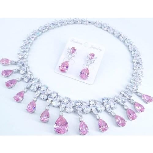 Hot sale New fashion ROMANTIC PINKCZ zircon necklace earrings jewelry set wedding party banquet dressing jewelry free shipping