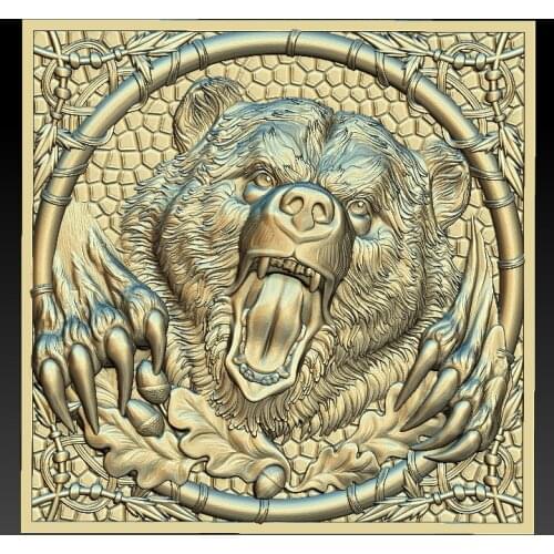 Bear growl 3d model relief for cnc carving engraving in STL file format - decor square panel stl model for cnc 3D carved