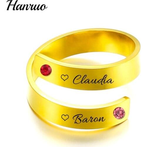 Personalized Custom Double Name Ring With Birthstone Stainless Steel Rings For Men Women Couples Irregular Adjustable Jewelry