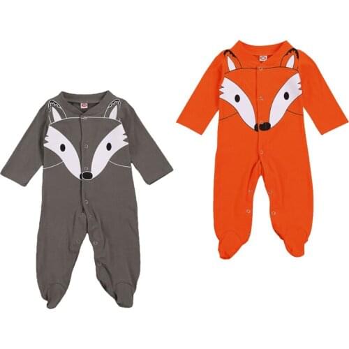 0-6M Newborn Baby Girls Boys Footie Cartoon Animal Print Long Sleeve Single Breasted Autumn Jumpsuits