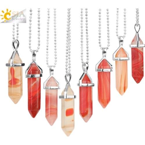 CSJA Colorful Stone Healing Pointed Pendants Red Beads Bullet Shape Crystal Pillar Hexagonal Fashion Necklace for Women Men G222