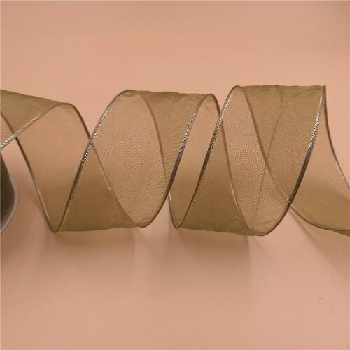 38MM X 25 Yards Gold Lurex Edge Moss Green Sheer Wire Edge Ribbon for Birthday Decoration Gift Wrapping 1-1/2"