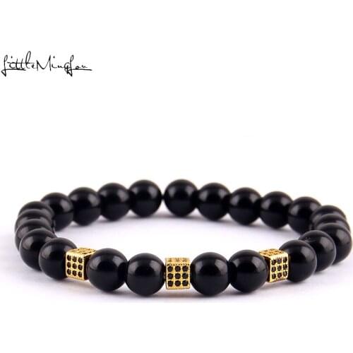 Little MingLou 8mm Round Beads bracelet Micro Pave Black CZ Cube Charm Bracelets & Bangles for men Luxury Jewelry