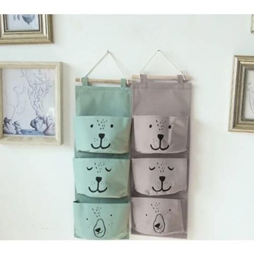 3 Pockets Cute Wall Hanging Storage Bag Linen Clothes Organizer Closet Storage Bag Children Room Organizer Pouch Home Decor 2021