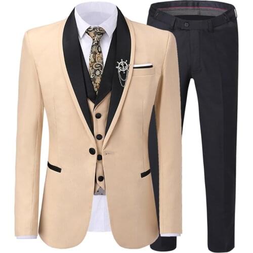 2019 Men Suit 3 piece V Neck Leisure Notched Lapel Tuxedos new fashion Men Suits for Wedding (Jacket+Pants+Vest)