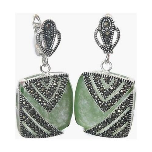 Fancy ladys 925 Silver Hook green jade Marcasite Square Earrings 1"