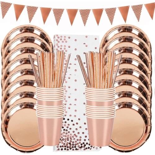 Rose Gold Party Disposable Tableware Solid Color Bronzing Paper Cups Plates Straws Table Decor Wedding Birthday Party Supplies