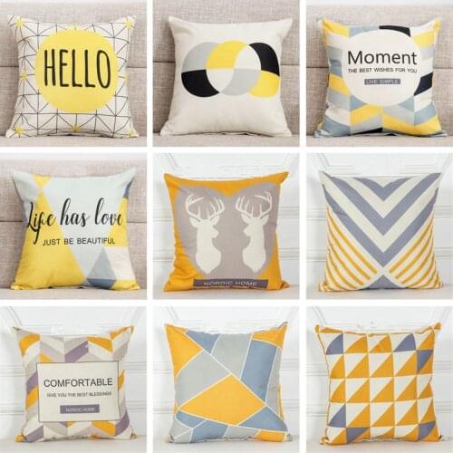 Nordic Yellow Grey Geometric Series Printed Cushion Covers Linen Cotton Pillows Case For Living Room Home Decoration
