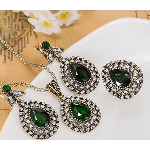 Special Design Turkish Lily Flower Jewelry Sets Green Water Drop Acrylic Pendants earrings anel jewelry sets women necklace sets