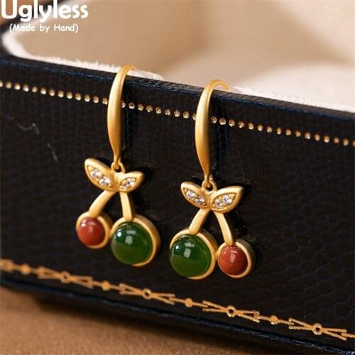 Uglyless Cherish Cherry Earrings for Women Creative Fruits Jewelry Natural Jade Jasper Agate Earrings 925 Silver Brincos Zircons