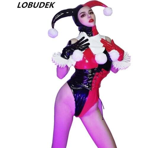 Party Rave Festival Stage Clown Role Playing Costume Black Red Lacquer Bodysuit Ox Horn Headdress Set Dance Team Show Outfit