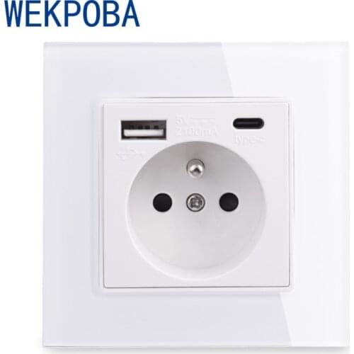 WEKPOBA Tempered Glass Panel French / Polish Standard Wall Power Socket With 2 USB Charge Port Hidden Soft LED 86mm/146mm Size