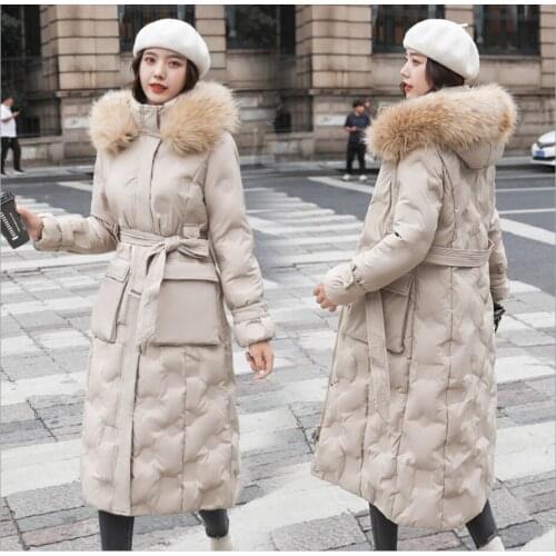 Lady Duck Down Jacket Women Winter Long Faux Fur Collar Hood Coat Female Belted Warm Down Parka For Women Clothes Thick 2021
