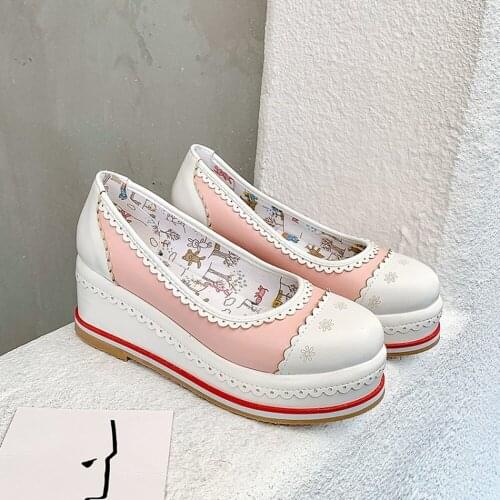 US4-14 Womens Floral Candy Colors Platform Round Toe Wedge High Heels Lolita Retro Mary Janes Shoes Pumps Plus Size 34-48