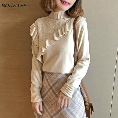Pullovers Women Turtleneck Long Sleeve Ruffles Solid All-match Spring Sweaters Loose Elegant Simple Korean Style Chic Tops Hot