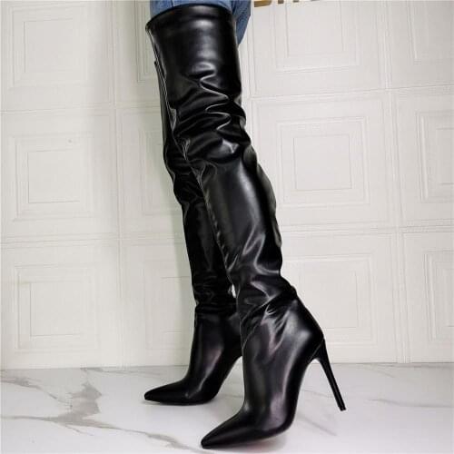 Black Stretch Fabric Over The Knee Long Boots Women Thin High High heel shoes women dressing concise fit shoes runway show boots