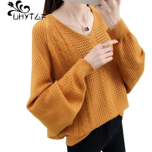 UHYTGF Casual Knit Sweater women Fashion v-neck Pullover spring sweater womens Bat type hollow elegant short sweaters female 213