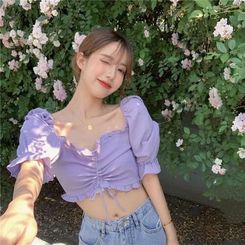 Female Top Women Summer Fashionable Puff Sleeve Solid Colour V Neck Drawstring Crop Top