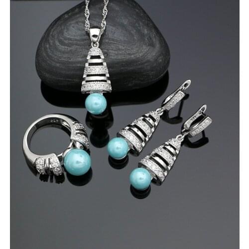 925 Silver Jewelry Sets For Women Blue Pearl Beads White Cubic Zirconia Ring Pendant Necklace Drop Earrings Party Accessories