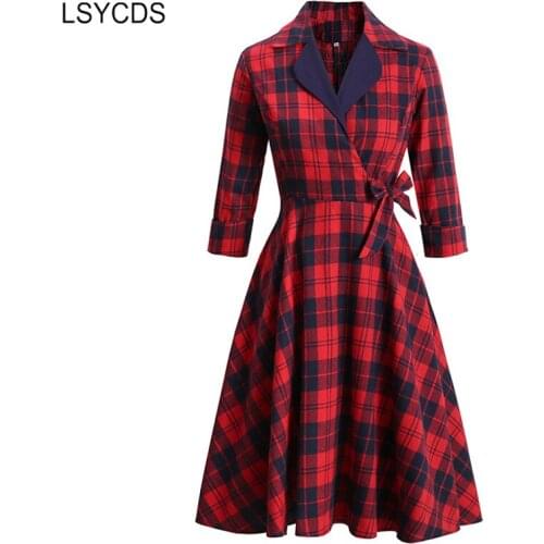 LSYCDS Vintage Red Plaid Pinup Dresses Notched Collar 50s 60s Bow Dresses Women Three Quarter Sleeve Elegant Retro Robe Dress