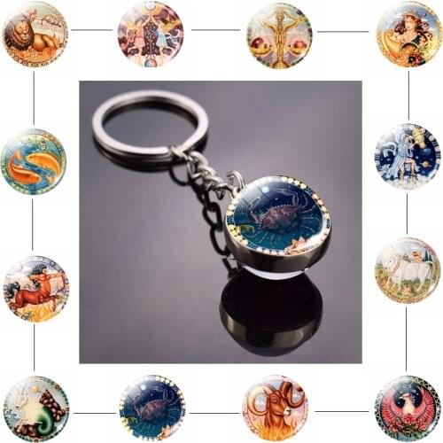12 Constellation Crystal Ball Key Chain Signs of Zodiac Glass Key Ring Cancer Metal Keychain Pendant Astrology Jewelry Birthday