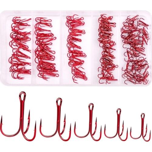 160Pcs/box Red Fishing Treble Hooks Set Bass lure Fishing Hooks Saltwater Triple hook High Carbon Steel Hooks with Tackle Box