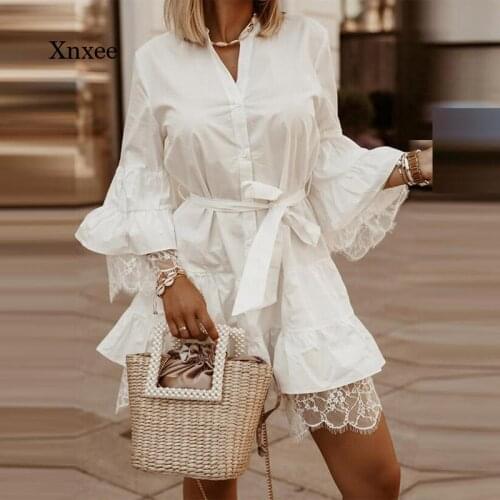 2021 Spring Flared Sleeve Ladies Shirt Skirt Patchwork Lace Belt Party Elegant Dress Women Casual V-Neck Button Mini Skirt