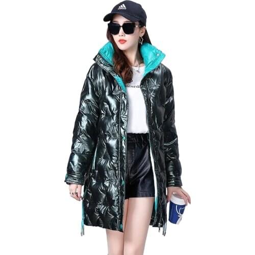 2021 winter Glossy Down Cotton jacket women clothing Korean Fashion long Outerwear Female Parkas Plus Size Slim Overcoat G1224