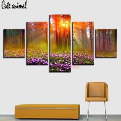 5d diamond embroidery 5pcs Purple Flower Sunshine Forest Natural Landscape diamond painting diamond mosaic picture of rhinestone