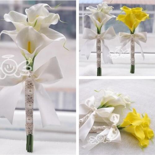 6pcs Calla Lily Flowers Bridal Wedding Bouquets Formal Bridesmaid Garden Church Beach Wedding Party White Yellow Wholesale Lace
