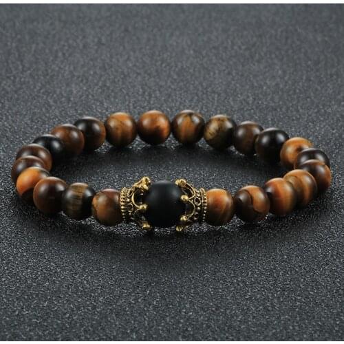 8mm Tiger Eye Stone Black Onyx Bracelet for Men Fashion Golden King Crown Natural Lava Rock Beads Bracelets Jewelry Pulseira